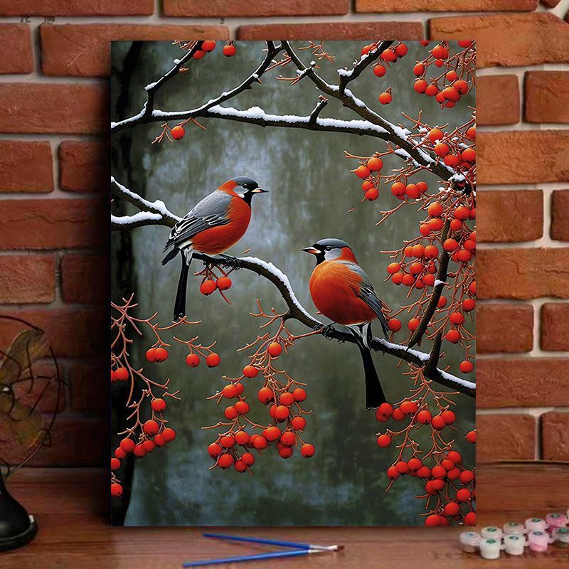 Winter Cardinal Bird Berry Branch Art