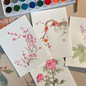 Pink Cherry Blossom Ink Wash Art